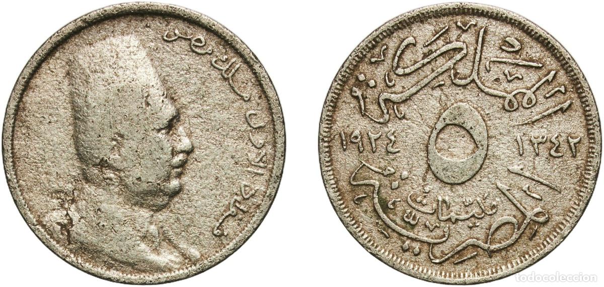 Material numism&aacute;tico: Egypt Arab Republic of Egypt AH1342 (1924) 5 Milliemes - Fuad (right) Copper-nickel Royal Mint (Tow
