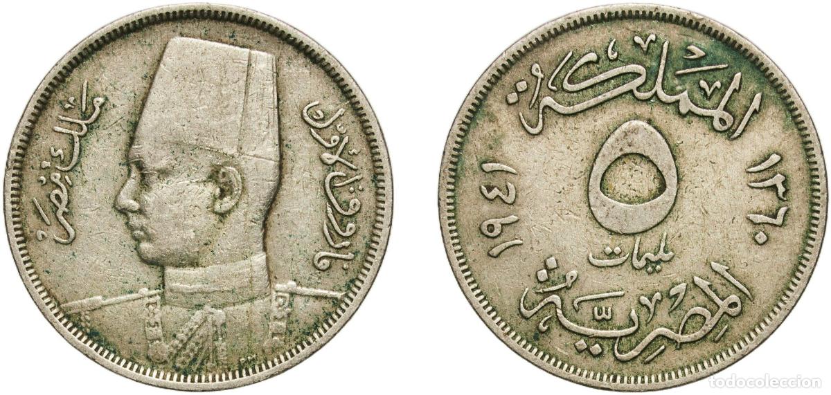 Material numism&aacute;tico: Egypt Arab Republic of Egypt AH1360 (1941) 5 Milliemes - Farouk Copper-nickel (75% Copper, 25% Nick