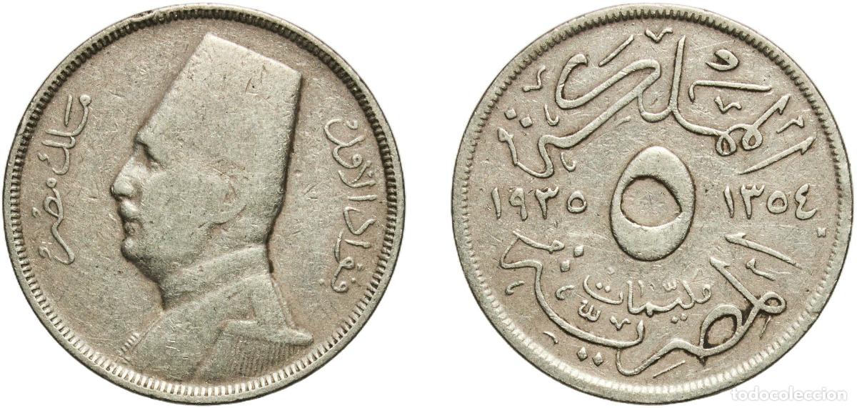 Material numism&aacute;tico: Egypt Arab Republic of Egypt AH1354 (1935) H 5 Milliemes - Fuad (left) Copper-nickel Heaton and Son