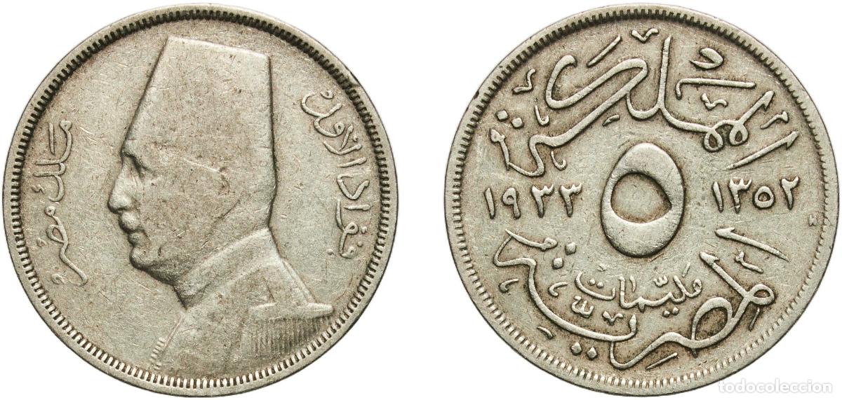 Material numism&aacute;tico: Egypt Arab Republic of Egypt AH1352 (1933) H 5 Milliemes - Fuad (left) Copper-nickel Heaton and Son
