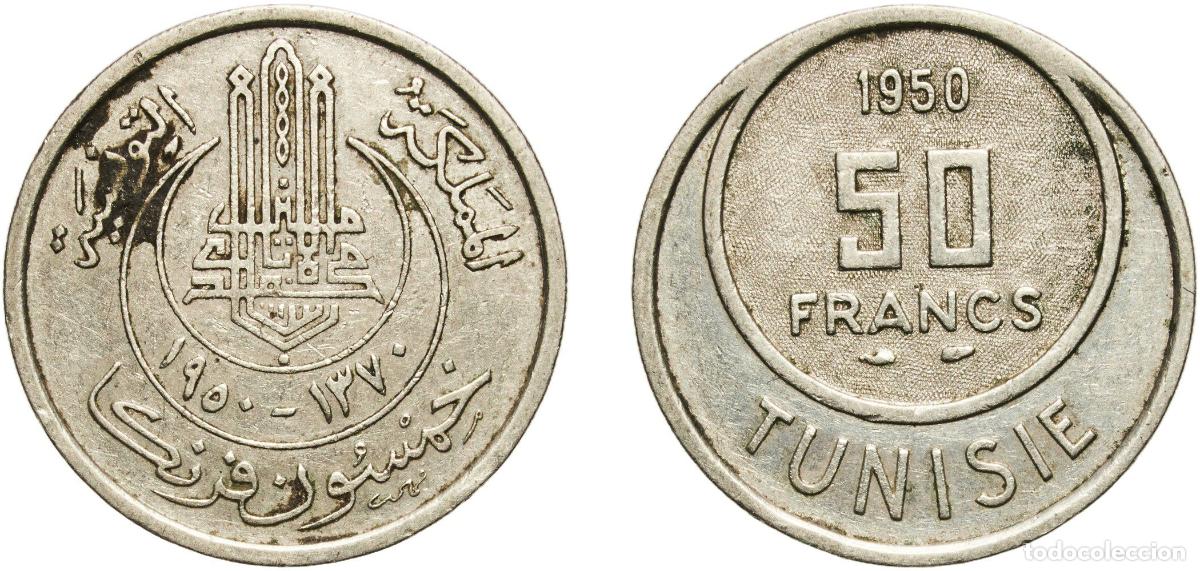 Material numism&aacute;tico: Tunisia French Protectorate AH1370 (1950) 50 Francs - Muhammad VIII Copper-nickel (75% Copper, 25%