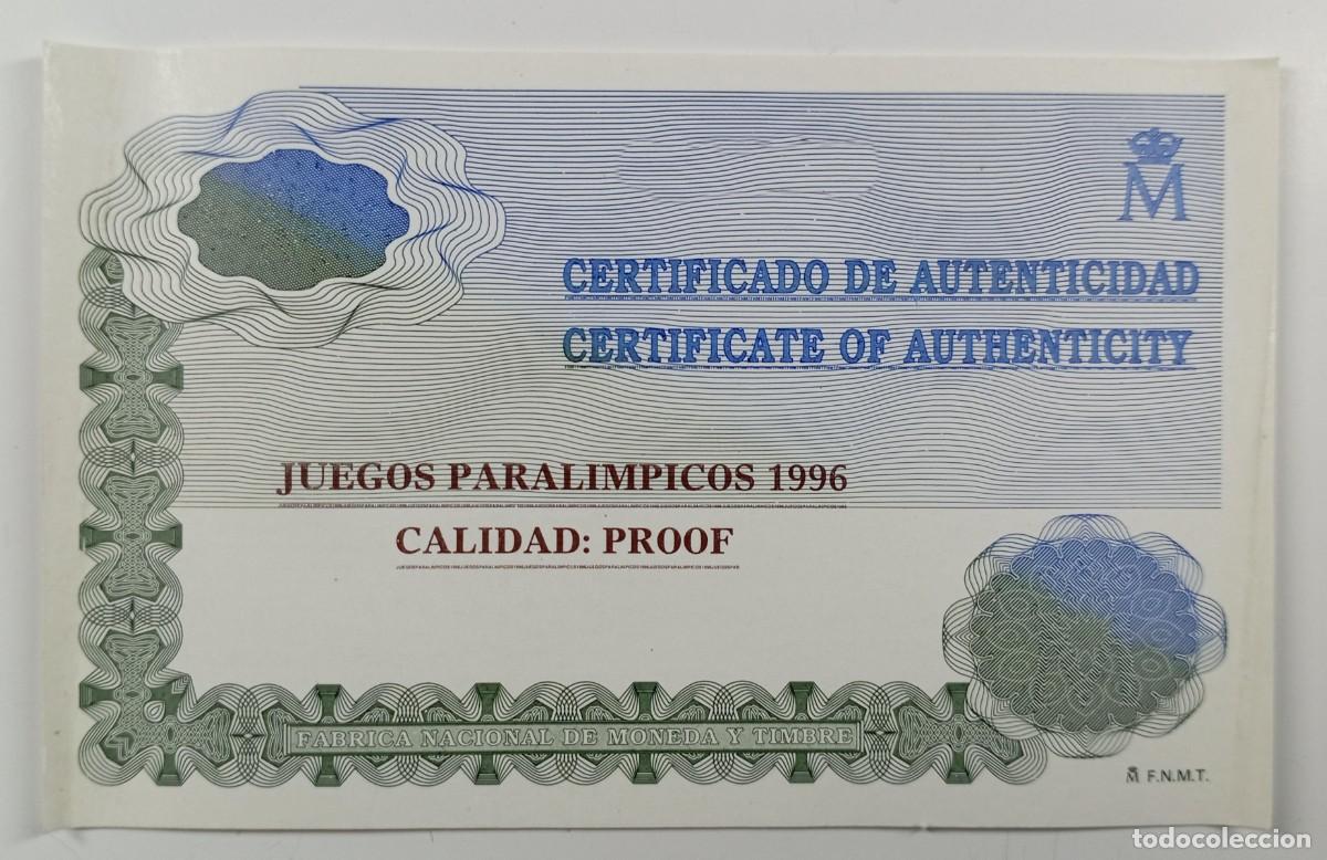 Material numism&aacute;tico: Certificado de autenticidad para la moneda de 1.000 pesetas Juegos Paral&iacute;mpicos 1996