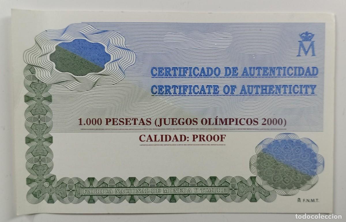 Material numism&aacute;tico: Certificado de autenticidad para la moneda de 1.000 pesetas Juegos Ol&iacute;mpicos de Sydney del 2000