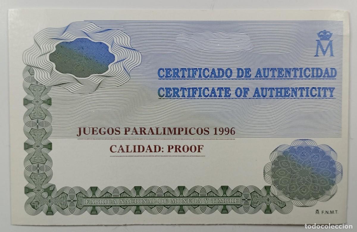Material numism&aacute;tico: Certificado de autenticidad para la moneda de 1.000 pesetas Juegos Paral&iacute;mpicos 1996