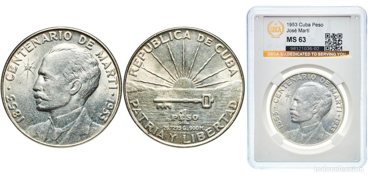 Material numism&aacute;tico: Cuba First Republic 1953 1 Peso (Jos&eacute; Mart&iacute;) Silver (.900) (silver 90%, copper 10%) Philadelphia Mi