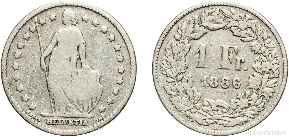 Materiale numismatico: Switzerland Federal State 1886 B 1 Franc (Helvetia standing; silver) Silver (.835) (16.5% copper) B