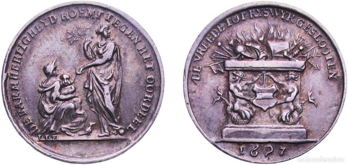 Material numism&aacute;tico: Netherlands Dutch Republic 1697 Medal - Peace of Ryswick Wonderful patina Silver 2.86g AU