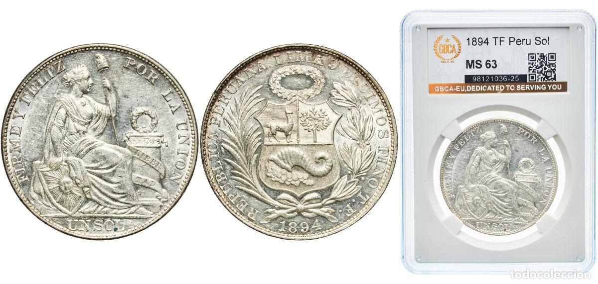 Material numism&aacute;tico: Peru Republic 1894 TF 1 Sol Silver (.900) (Copper .100) Lima Mint 25g GBCA MS KM 196.26