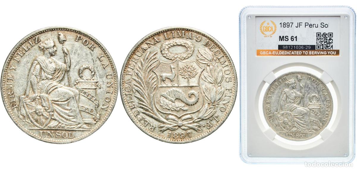 Material numism&aacute;tico: Peru Republic 1897 JF 1 Sol Silver (.900) (Copper .100) Lima Mint 25g GBCA MS KM 196.26