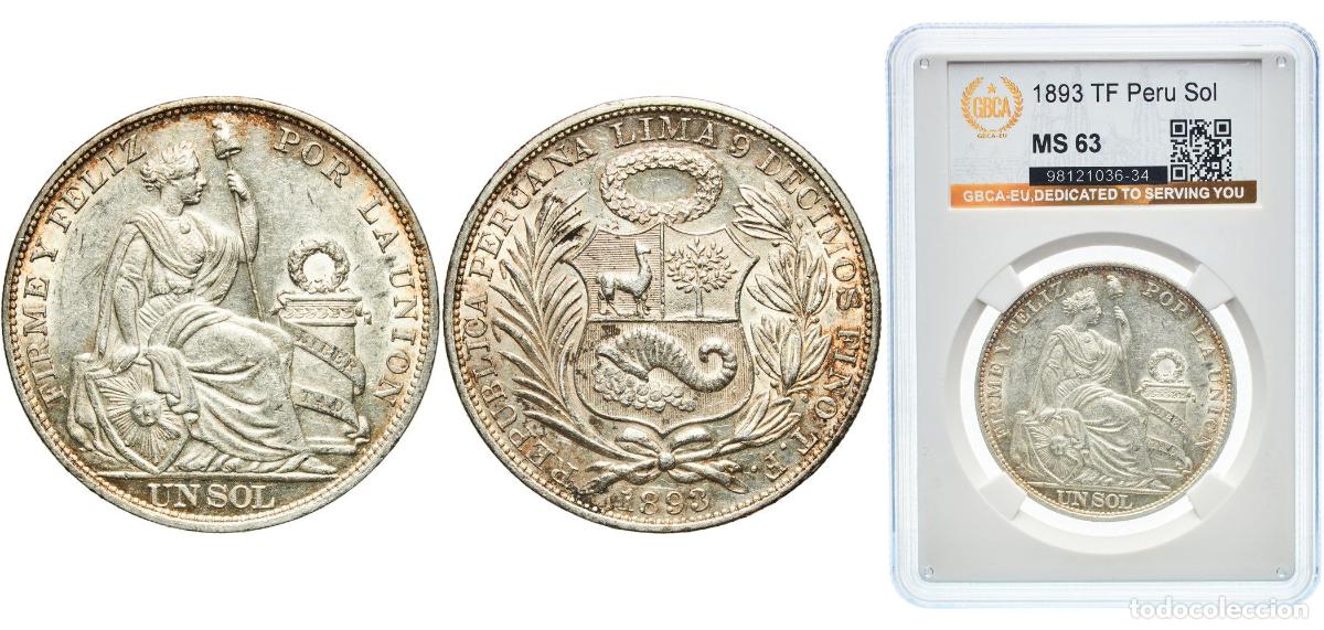Material numism&aacute;tico: Peru Republic 1893 TF 1 Sol Silver (.900) (Copper .100) Lima Mint 25g GBCA MS KM 196.26