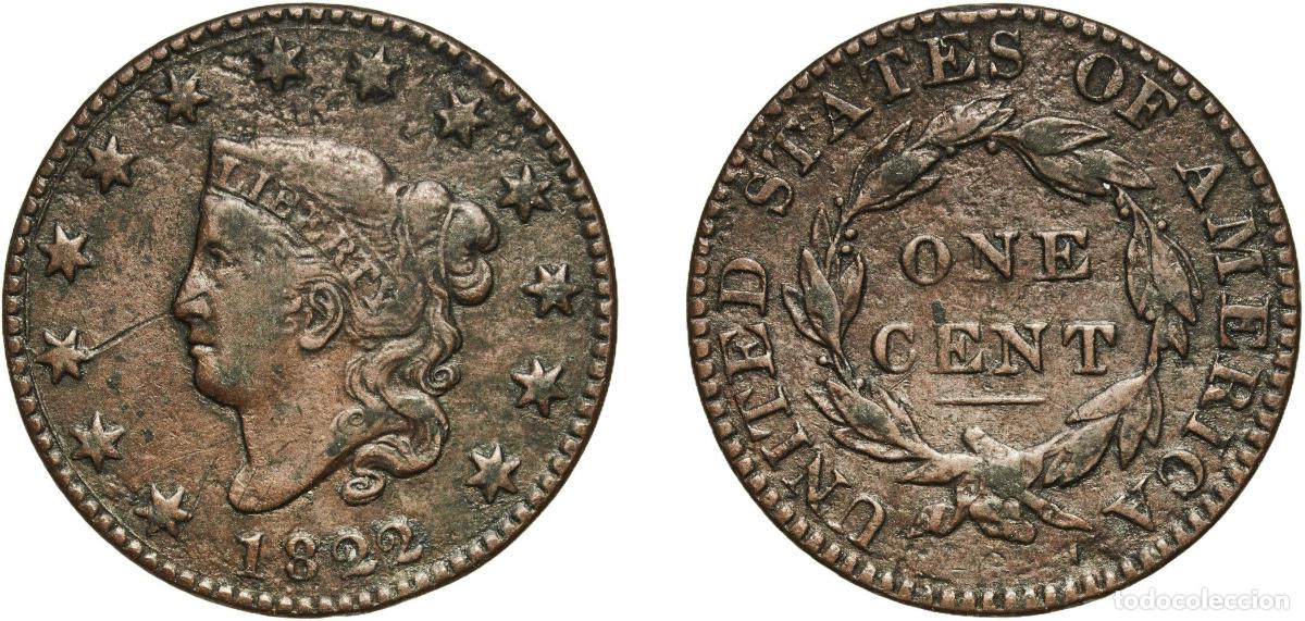 Material numism&aacute;tico: United States Federal republic 1822 1 Cent &rdquo;Liberty Head / Matron Head&rdquo; (Type 1) Copper Philadelphi