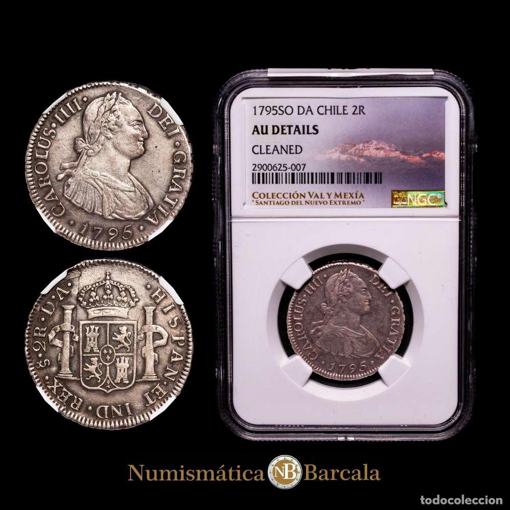 Numismatisches Material: Carlos IV. 1795 Santiago. DA. 2 reales. (AC.692). Escaso. Clasificado por NGC como AU Detalles.