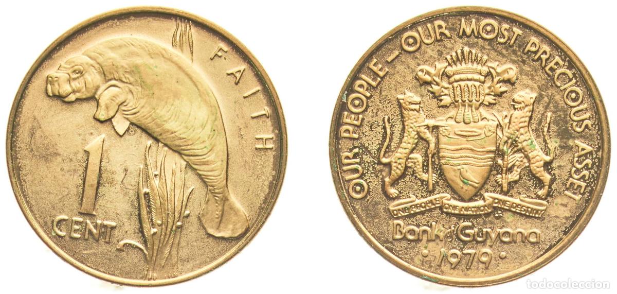Material numism&aacute;tico: Guyana Republic 1979 FM 1 Cent (Manatee - Set Issue) Brass The Franklin Mint (3547) 1.5g PF KM 37 S
