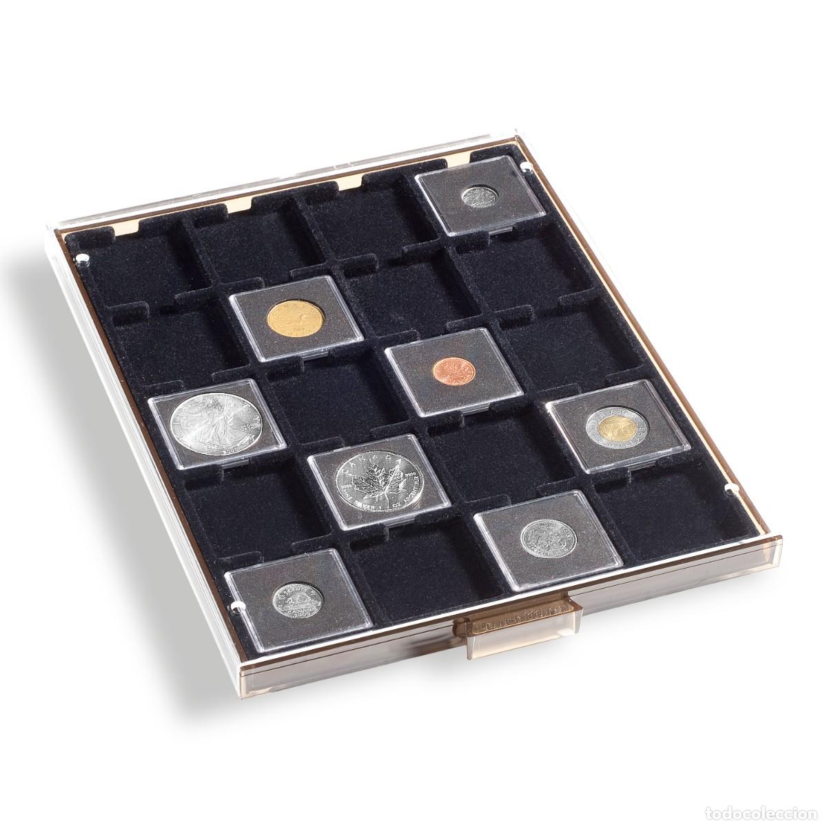 Material numism&aacute;tico: Bandeja 20 Divisiones, para c&aacute;psulas Quadrum &oacute; cartones de monedas. Flocado Negro.