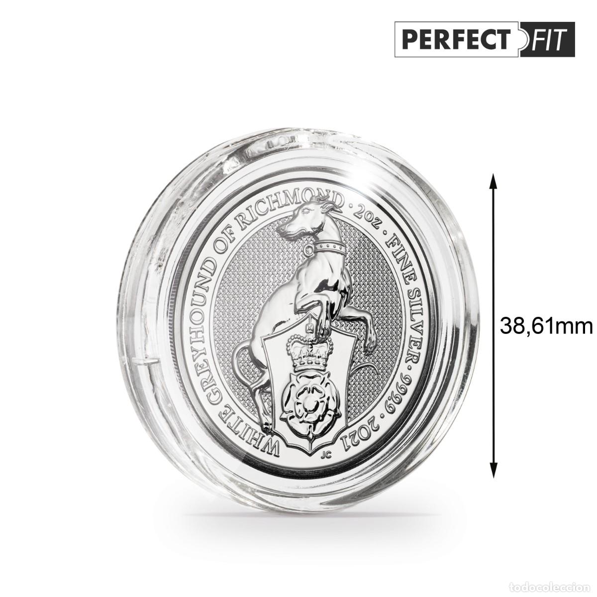 Numismatic Material: C&aacute;psulas para monedas PERFECT FIT di&aacute;metro 38.6mm. para 2 ONZAS PLATA BESTIAS DE LA REINA