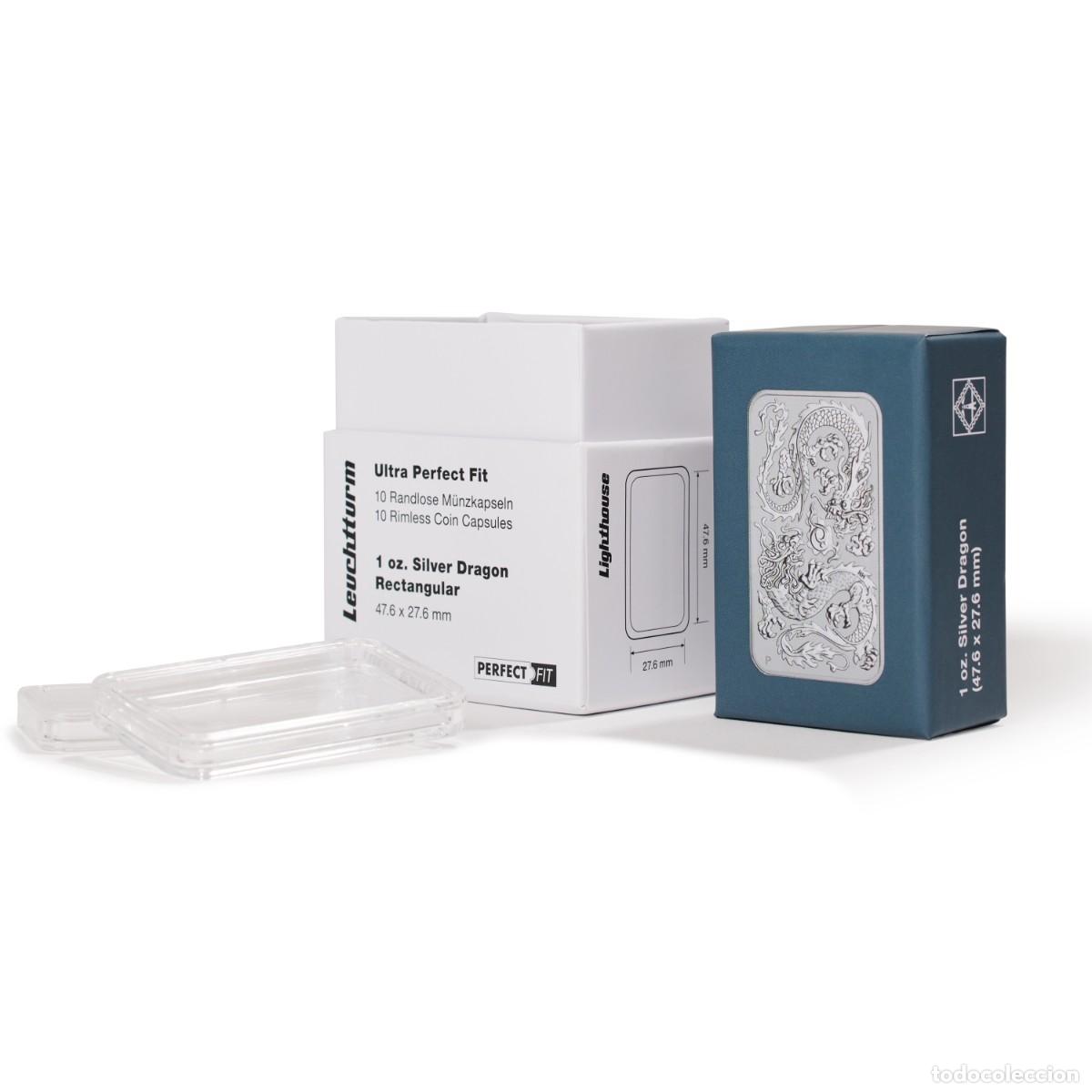 Numismatic Material: C&aacute;psulas para monedas PERFECT FIT di&aacute;metro 38.6mm. para 1 ONZA PLATA rectangular DRAGON