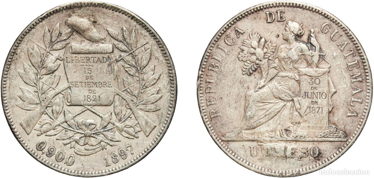 Numismatic Material: Guatemala Republic 1897 1 Peso Silver (.900) (Copper .100) Casa de Moneda de Guatemala Mint 25g VF