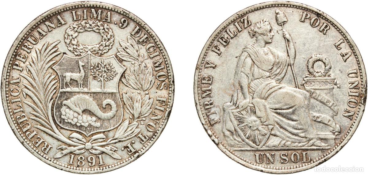 Material numism&aacute;tico: Peru Republic 1891 TF 1 Sol Silver (.900) (Copper .100) Lima Mint (2981000) 24.77g VF KM 196.24