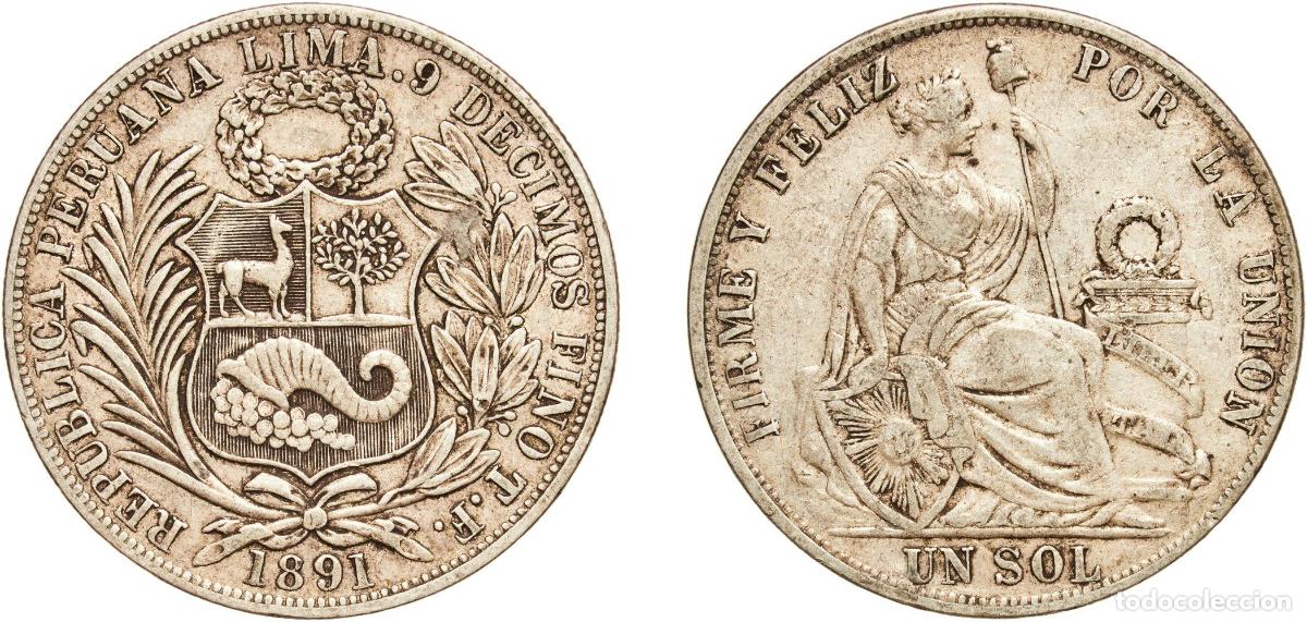 Material numism&aacute;tico: Peru Republic 1891 TF 1 Sol Silver (.900) (Copper .100) Lima Mint (2981000) 24.78g VF KM 196.24