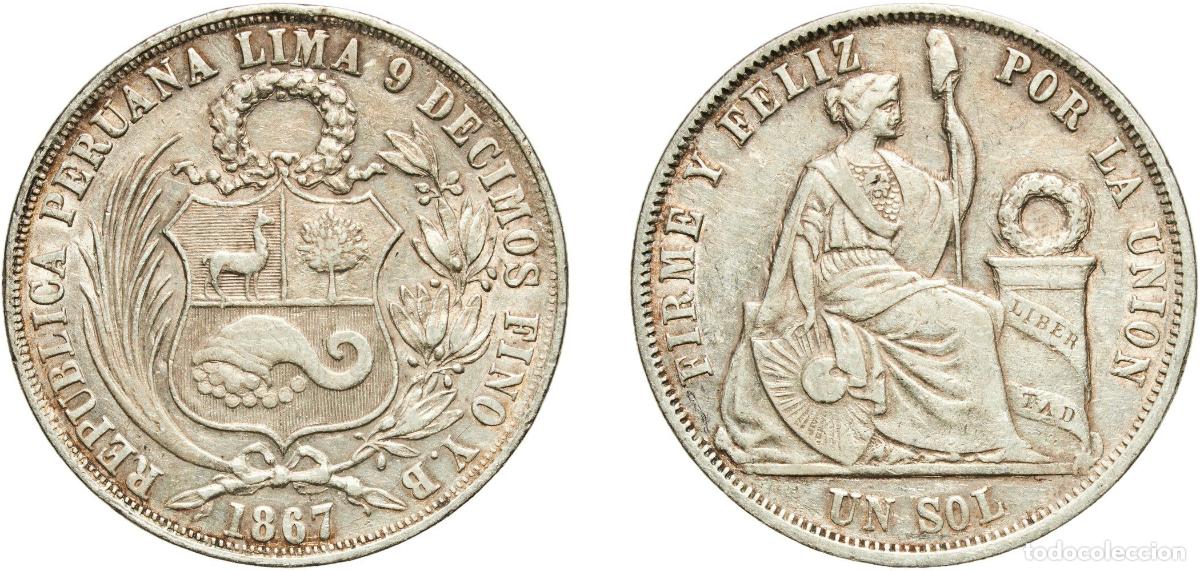 Material numism&aacute;tico: Peru Republic 1867 Y.B. 1 Sol Silver (.900) (Copper .100) Lima Mint 24.79g XF KM 196.1