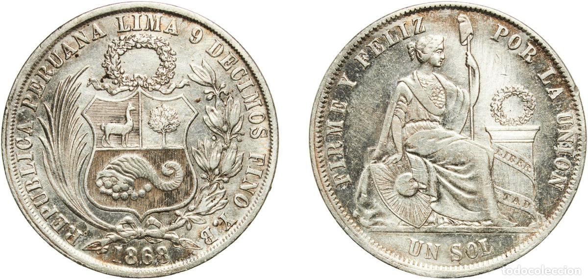 Material numism&aacute;tico: Peru Republic 1868 Y.B. 1 Sol Silver (.900) (Copper .100) Lima Mint 24.89g XF KM 196.1