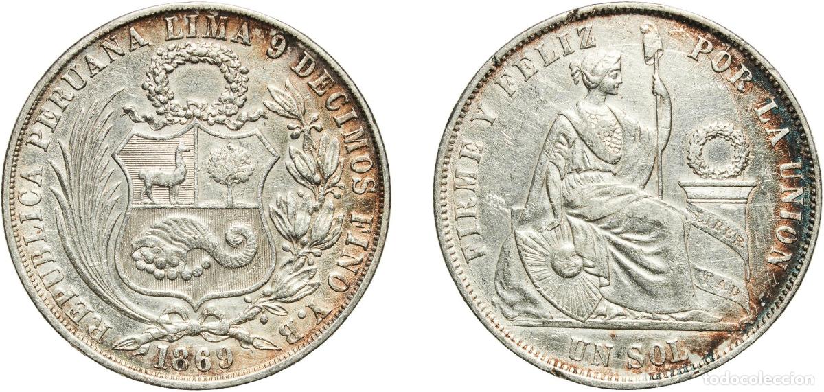 Material numism&aacute;tico: Peru Republic 1869 YB 1 Sol Silver (.900) (Copper .100) Lima Mint 24.75g XF KM 196.3