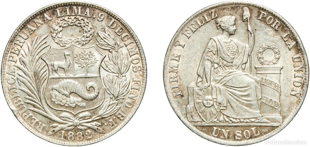 Numismatic Material: Peru Republic 1882 BF 1 Sol Original luster Silver (.900) (Copper .100) Lima Mint 24.95g AU KM 196.