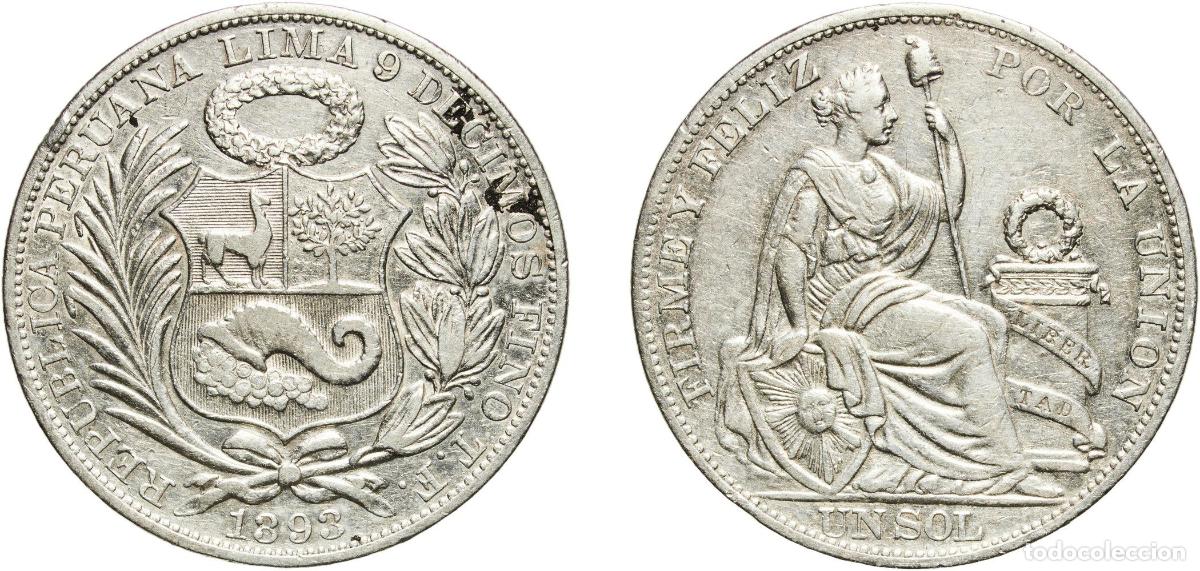Material numism&aacute;tico: Peru Republic 1893 TF 1 Sol - Error date &uml;1393&uml; Silver (.900) (Copper .100) Lima Mint 24.81g XF KM