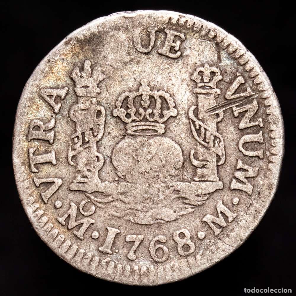 Material numism&aacute;tico: Carlos III (1759-1788). 1 real. 1768. M&eacute;xico. M. (Cal-418). Ag. 3,24 g. Escasa. BC+/MBC-.