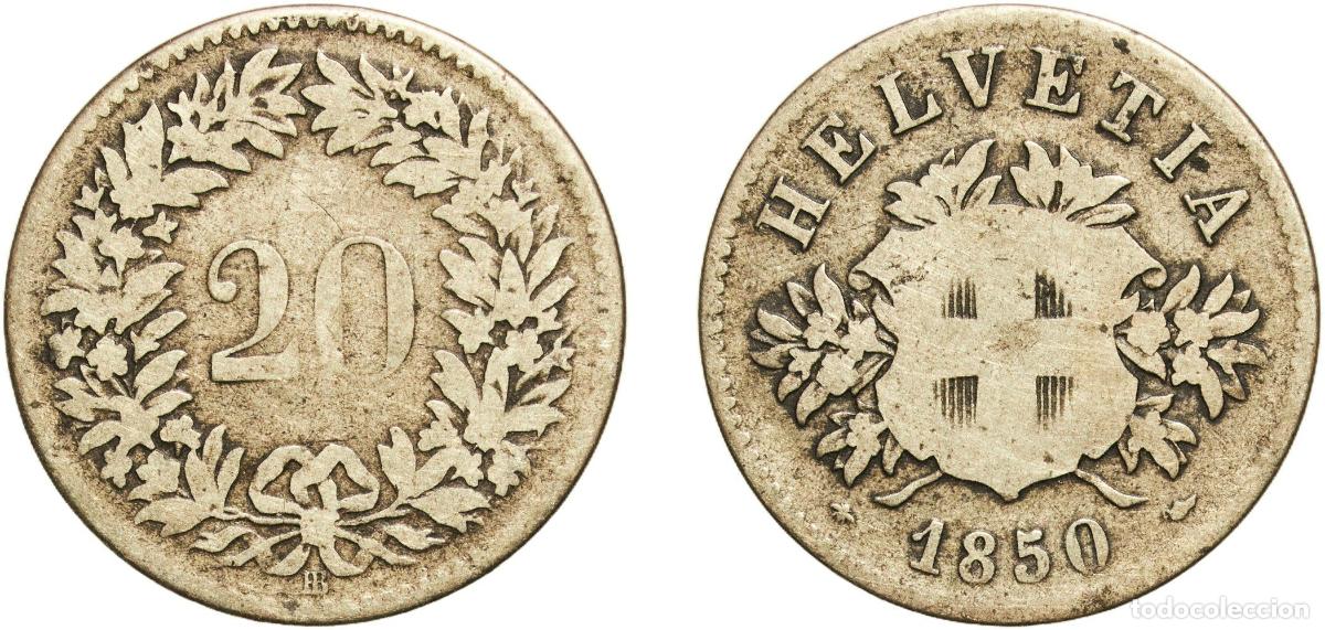 Numismatisches Material: Switzerland Federal State 1850 BB 20 Rappen (Coat of arms) Billon (.150 silver) Strasbourg Mint (11