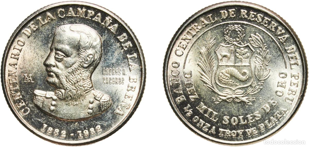 Material numism&aacute;tico: Peru Republic 1982 LIMA 10 000 Soles de Oro (Andr&eacute;s A. C&acirc;ceres) Silver (.925) (100000) 16.6g UNC K