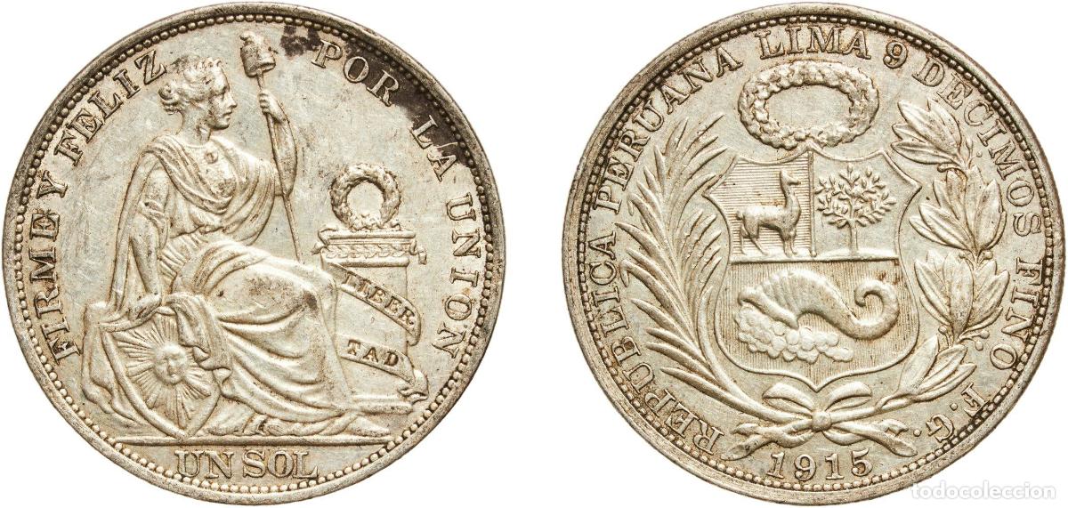 Material numism&aacute;tico: Peru Republic 1915 FG 1 Sol Silver (.900) (Copper .100) Lima Mint 25.06g AU KM 196.26