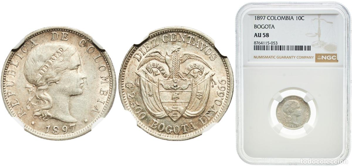 Material numism&aacute;tico: Colombia Republic 1897 10 Centavos Silver (.666) Royal Mint of Belgium (2642000) 2.5g NGC AU 58 KM