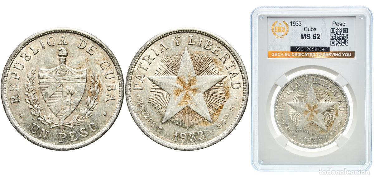 Material numism&aacute;tico: Cuba First Republic 1933 1 Peso With traces of luster Silver (.900) (silver 90%, copper 10%) Philad