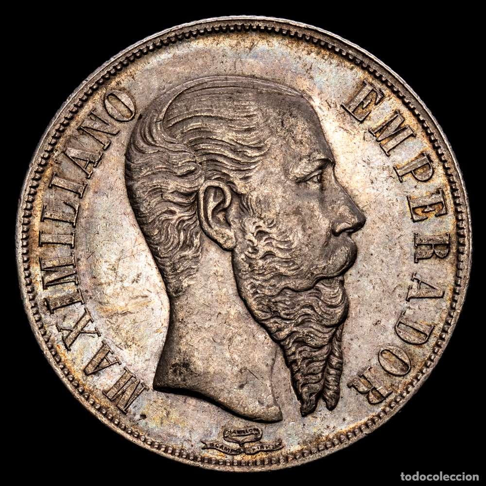Material numism&aacute;tico: M&eacute;xico - Maximilian I. 1 Peso. (26,87 g.). M&eacute;xico. 1866. KM-388.1. EBC-. Suave p&aacute;tina .