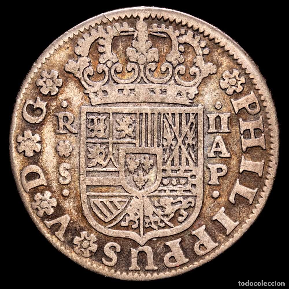 Material numism&aacute;tico: Felipe V (1700-1746). 2 reales. 1736. Sevilla. AP. (Cal-995). Ag. 5,48 gramos. Ligera p&aacute;tina. MBC+.