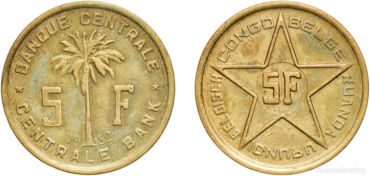 Material numism&aacute;tico: Congo Belgian Congo and Ruanda-Urundi Administrative union 1952 5 Francs Brass (66.5% Copper, 33.5%
