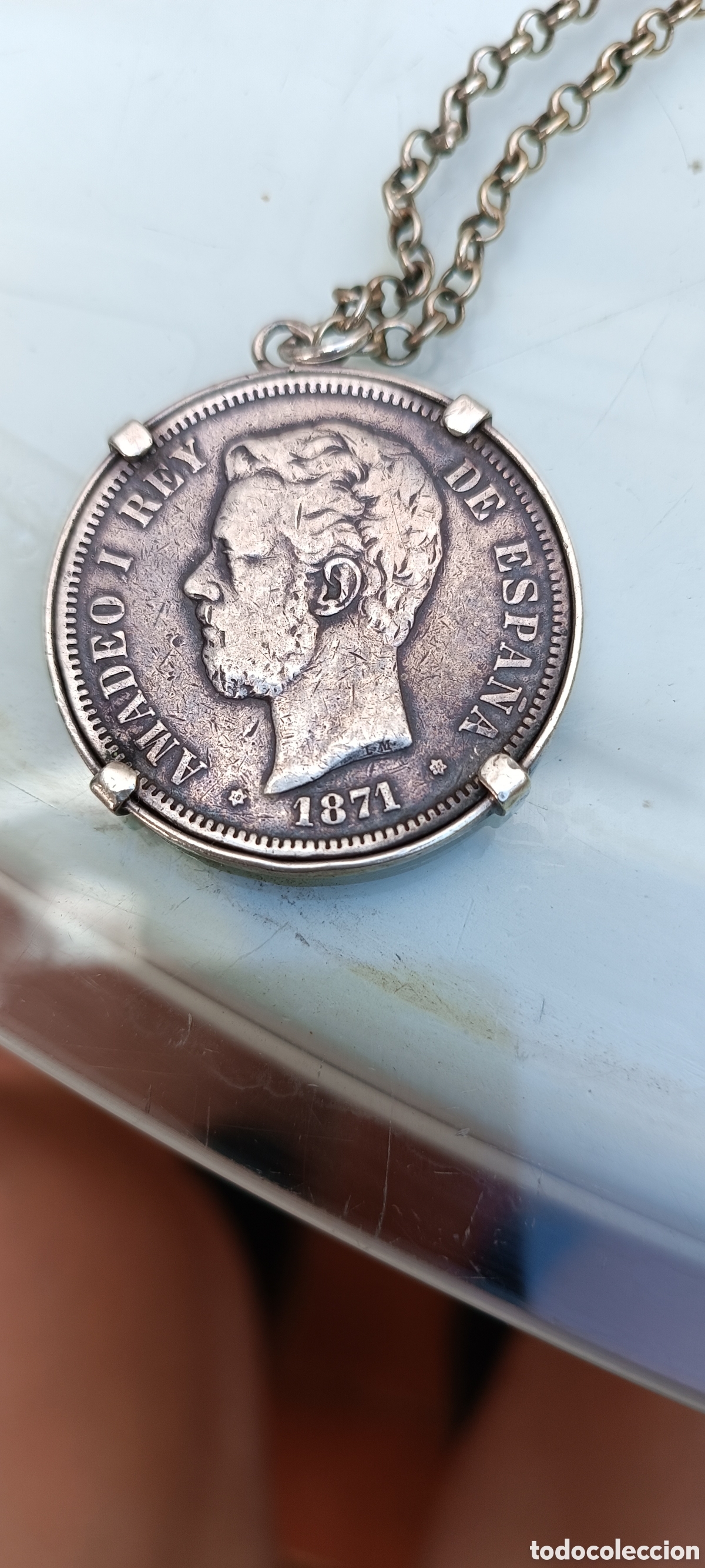 Material numism&aacute;tico: Colgante moneda historica Amadeo I. Plata maciza.5ptas. 1871. Estrella18-71.