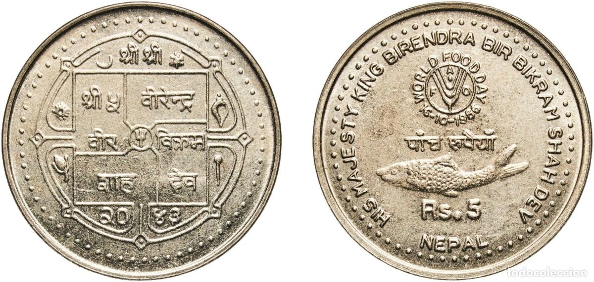Material numism&aacute;tico: Nepal Kingdom 2043 (1986) 5 Rupees - Birendra Bir Bikram (FAO) Copper-nickel (99000) 8.57g UNC KM