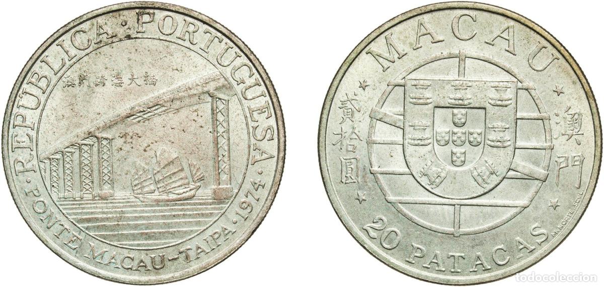 Numismatic Material: China Macau Portuguese Overseas Province 1974 20 Patacas (Ponte Macau) Silver (.650) Lisbon Mint (1