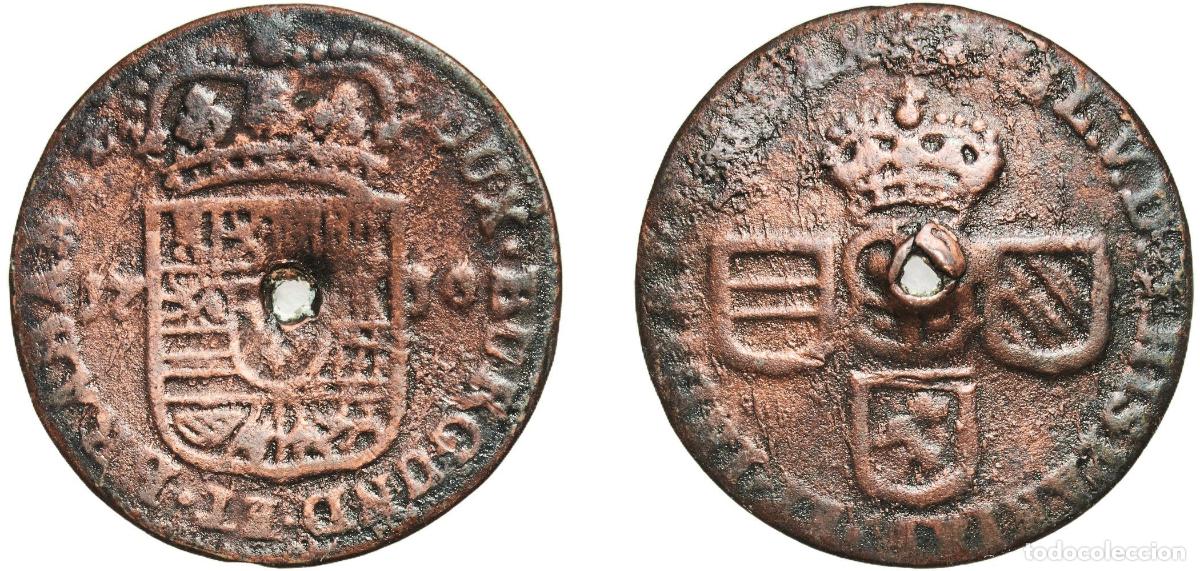 Material numism&aacute;tico: Belgium Namur, County of Belgian colony 1710 lion 1 Liard - Philip V Copper 3.11g VF Holed Gelder