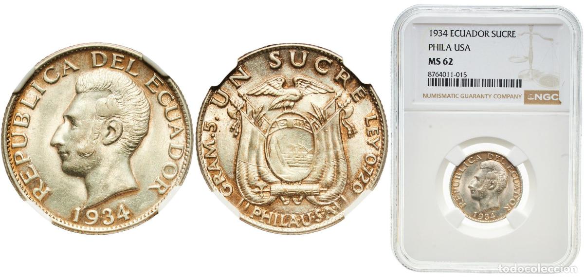 Material numism&aacute;tico: Ecuador Republic 1934 1 Sucre Silver (.720) (Copper .280) Philadelphia Mint (2000000) 5g NGC MS 62