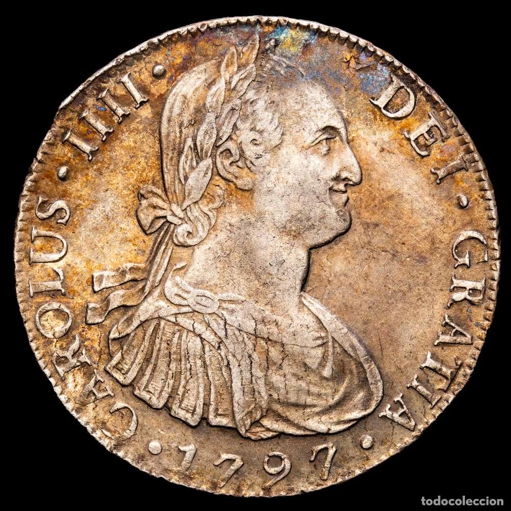 Material numism&aacute;tico: Carlos IV (1788-1808). 8 reales. 1797. Lima. IJ. (Cal-915). Ag. 26,71 gramos. MBC+. Bonito color.