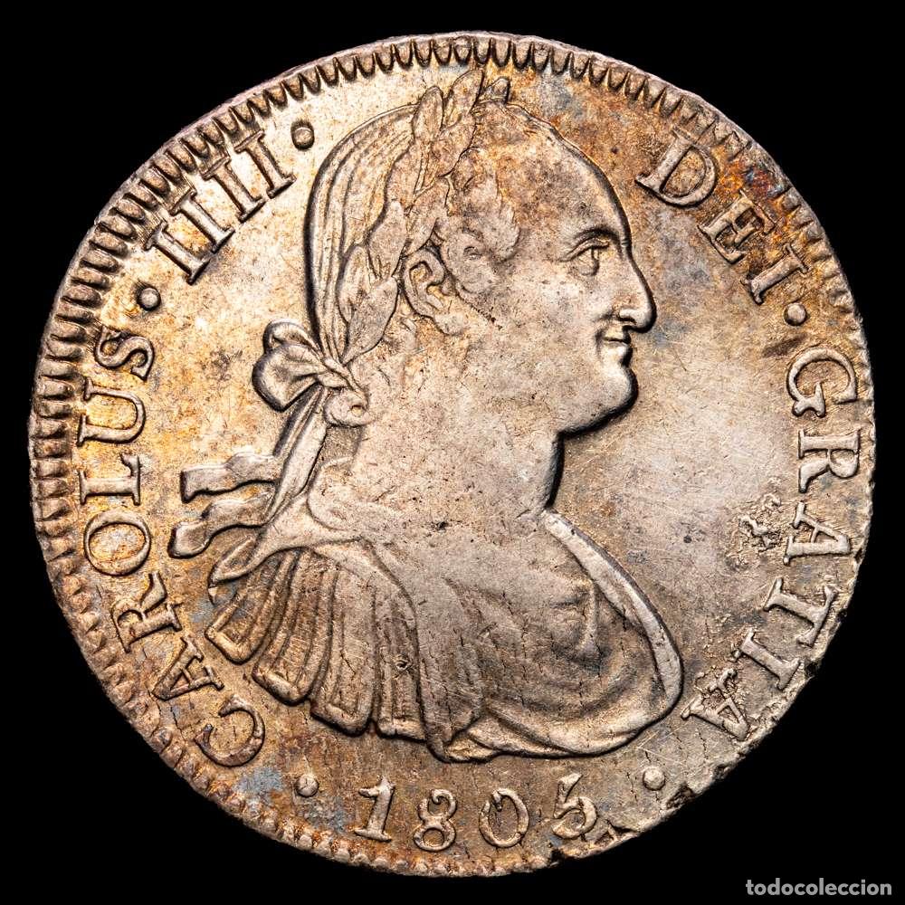 Material numism&aacute;tico: Carlos IV (1788-1808). 8 reales. 1805. M&eacute;xico. TH. (Cal-983). Ag. 26,83 gramos. Tono. MBC+.