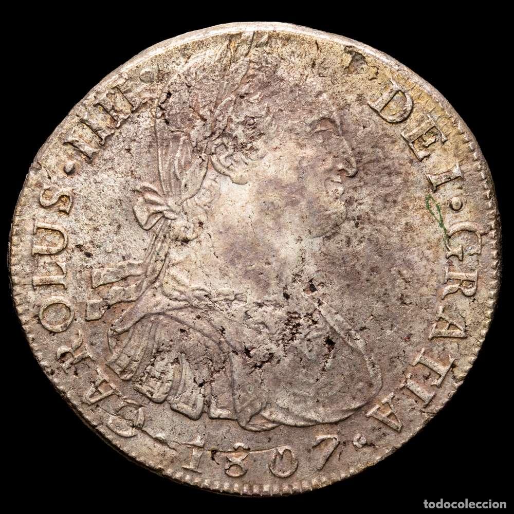 Material numism&aacute;tico: Carlos IV (1788-1808). 8 reales. 1807. Lima. J.P. (Cal-927). Ag. 26,46 gramos. MBC. Tono.