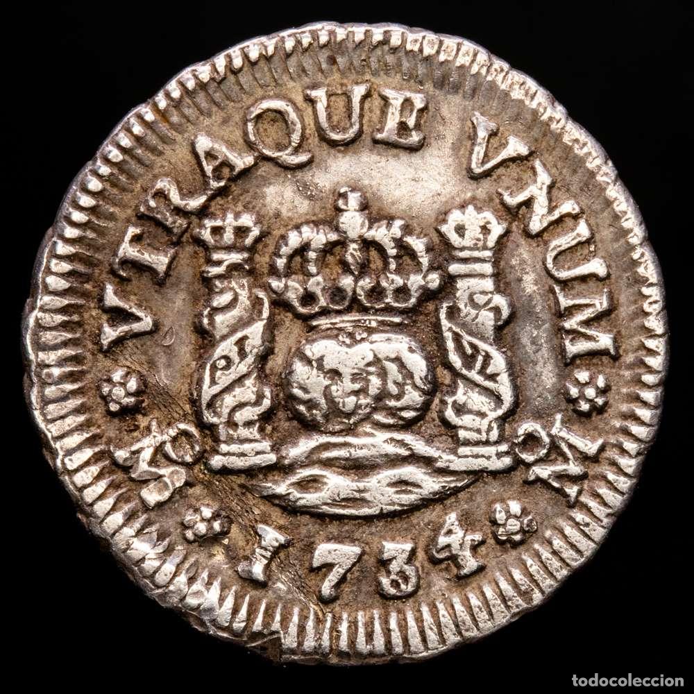 Material numism&aacute;tico: Felipe V (1700-1746). 1/2 real. 1734. M&eacute;xico. MF. (Cal-252). Ag. 1,66 gramos. EBC-. Tono.