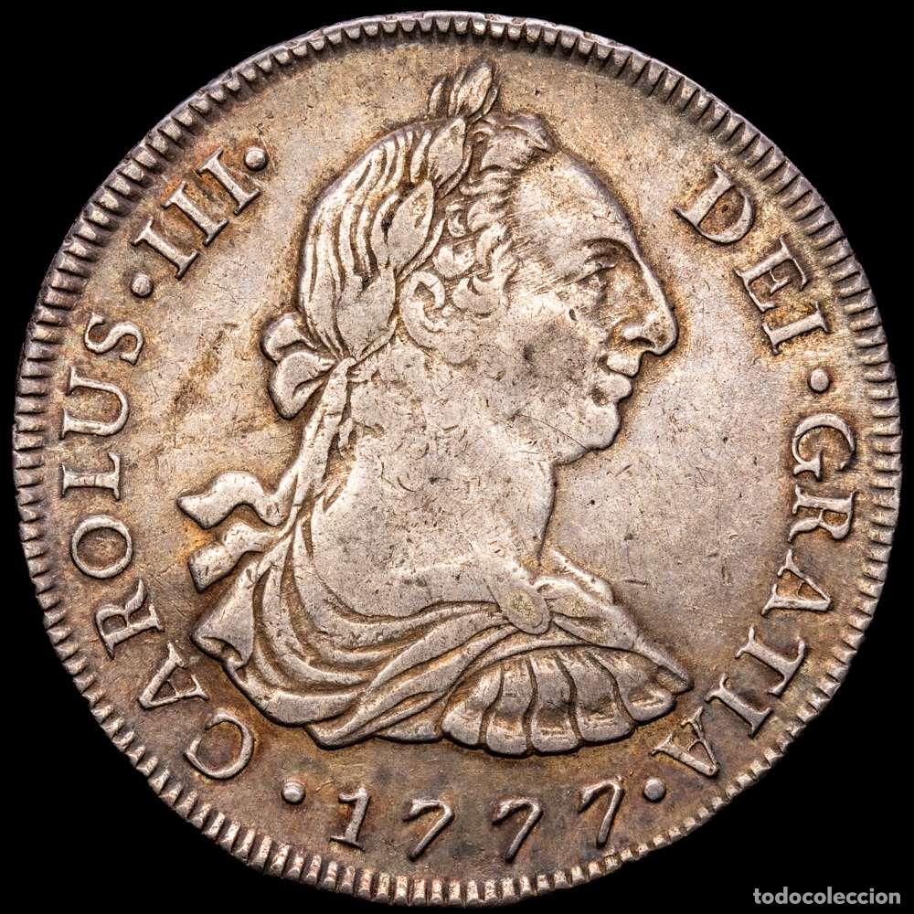 Material numism&aacute;tico: Carlos III (1759-1788). 8 reales. 1777. Lima. MJ. (Cal-1043). Ag. 26,87 gramos. Bonita p&aacute;tina. MBC+.