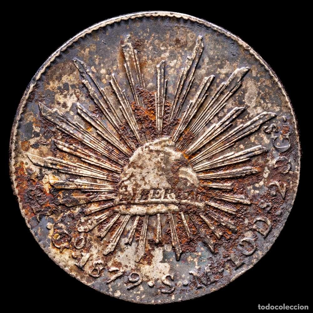 Material numism&aacute;tico: M&eacute;xico. 8 reales. 1879. Guanajuato. SM. (Km-377,8). Ag. 27,21 gramos. P&aacute;tina oscura. EBC.