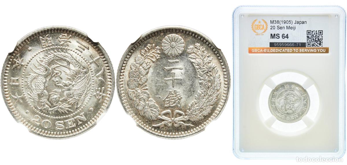 Material numism&aacute;tico: Japan Empire M38 (1905) 年八十三治明 20 Sen - Meiji Silver (.800) (20% copper) (8444930) 5.39g GBCA MS Y