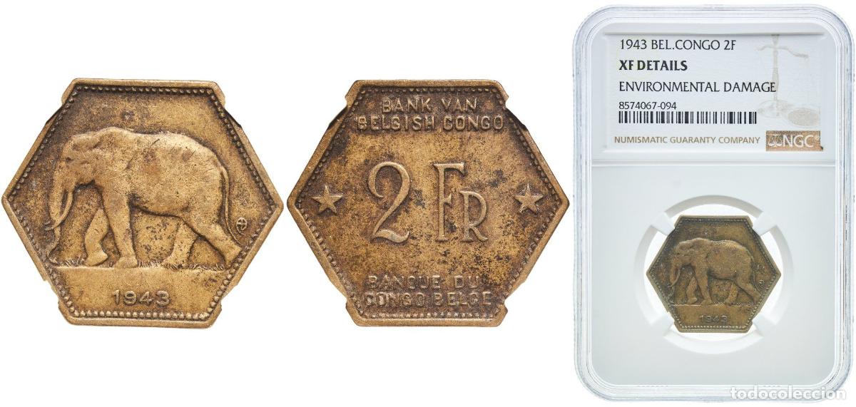 Material numism&aacute;tico: Belgian Congo Colony 1943 2 Francs - L&eacute;opold III Brass (65% Copper, 35% Zinc) Philadelphia Mint (25